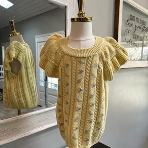 Zara Pale Yellow Puff-Sleeve Cable Knit Sweater with Embroidered Florals